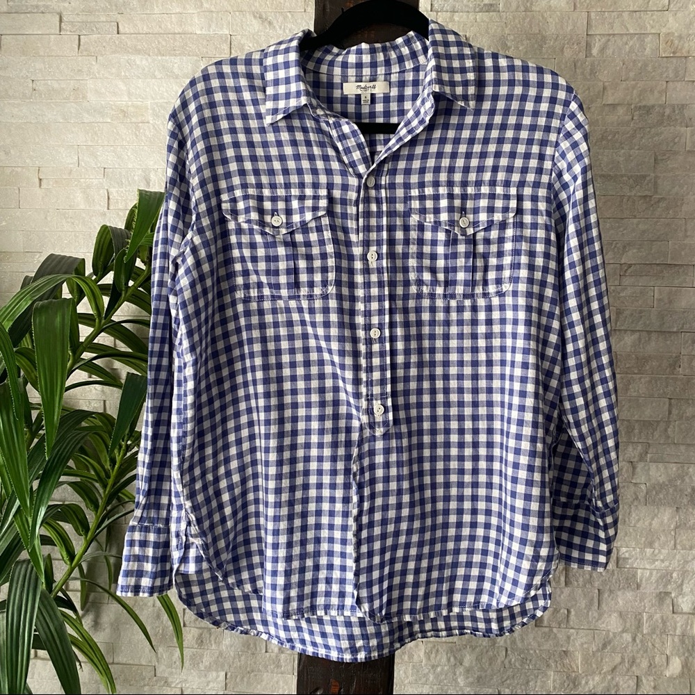 MADEWELL Blue Gingham Plaid Cotton Long Sleeve Button Up Blouse Size Small